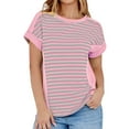 thumbnail image 2 of CQONEPT Clearance Striped Shirts for Women 2025 Crewneck Tunic Short Sleeve Tops Summer Loose Fit Comfy Color Block T-Shirt,Purple S-XXL, 2 of 10