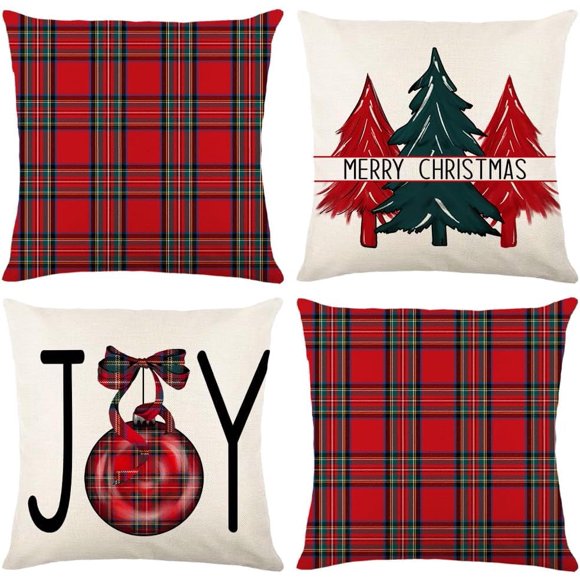 Christmas Pillow Covers 18x18 inch Set of 4 for Christmas Decorations Christmas Throw Pillow Case Decor for Farmhouse Home Sofa Couch Outdoor Winter Holiday Christmas Plaid Decorations…
