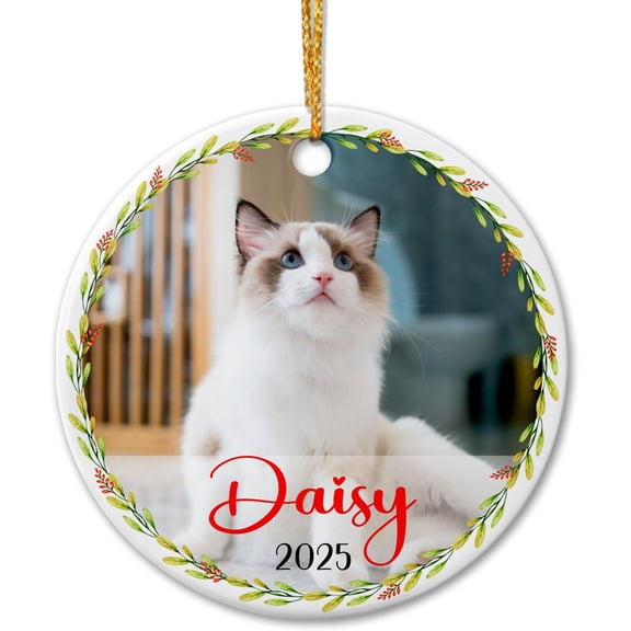 Personalized Cat Photo Frame Ceramic Christmas Ornament 2025 - Add Any Picture, Customized Name for Pet Dog - Xmas Gift for Cat Dad Mom Lover