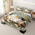 thumbnail image 3 of Homewish Halloween Bath Ghost Quilt Full, Blossoms Black Cat Full Bedspread Sets, Sage Green White, 3 Pieces 1 Bedspread and 2 Pillowcases, 3 of 7