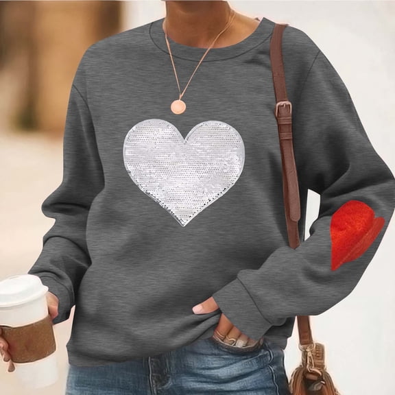 SYMOID Womens Loose Sequin Heart Crewneck Sweatshirt - 100% Polyester Pullover with Red Heart Elbow Patches, Dark Gray, Sizes S-XXL,Size S