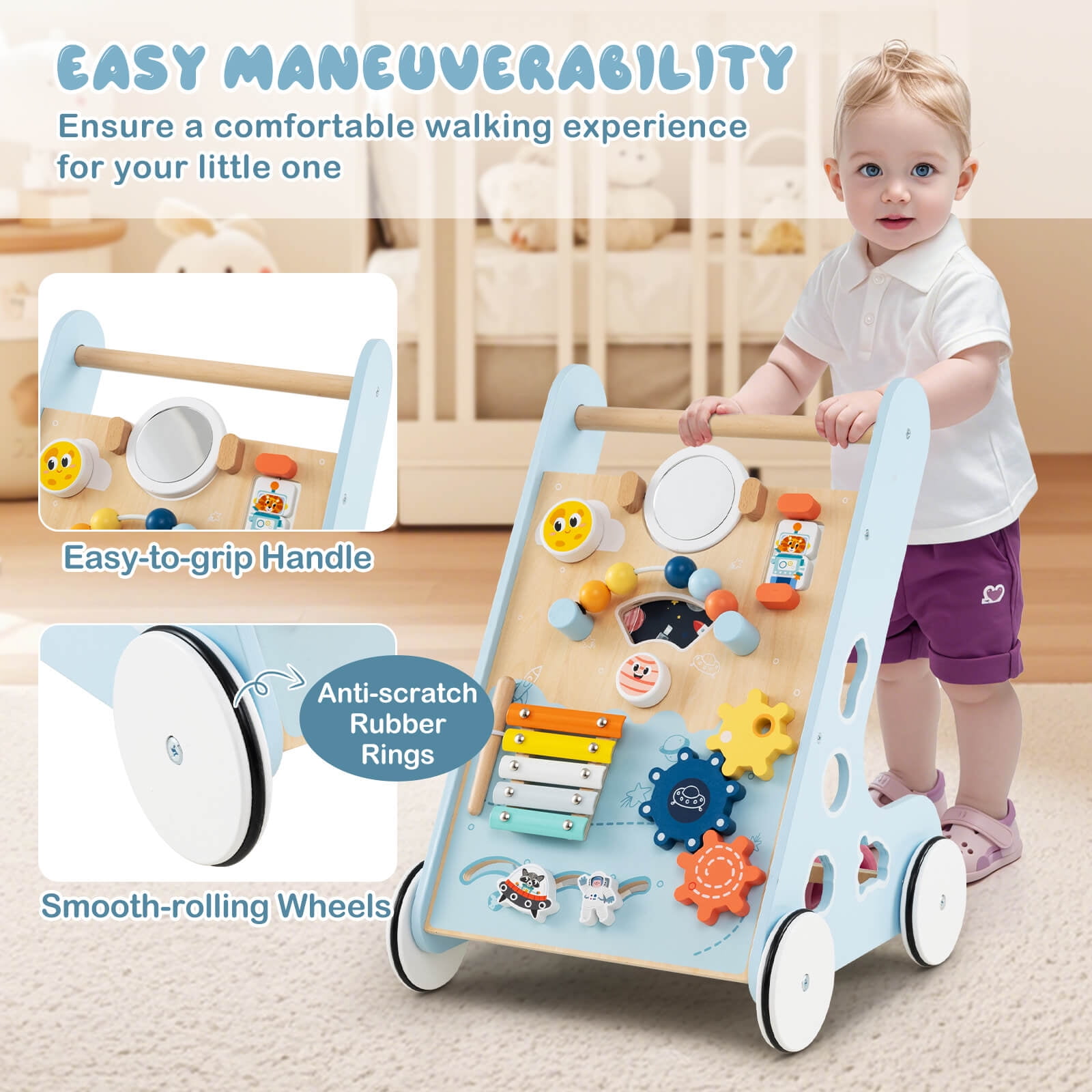 Infans Wooden Baby Walker Push and Pull Learning Activity Center with Wheels Push Toy