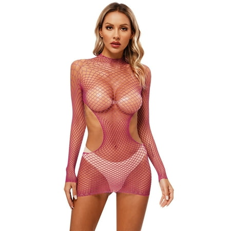 YONGHS Women Fishnet Lingerie Chemise Sleepwear Mesh See Through Babydoll Mini Dress Swim Cover Up Hot Pink One Size