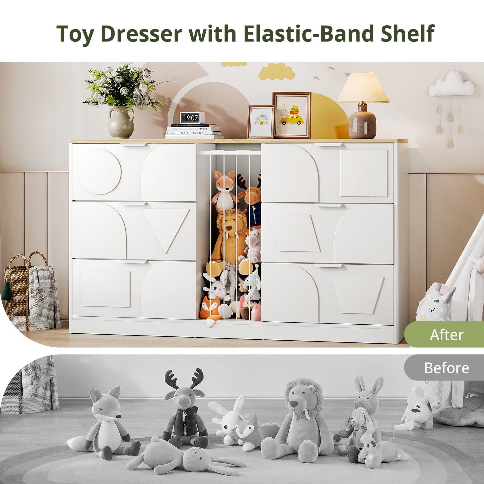 6 Drawer Dresser for Bedroom, 58.1" Wide Wooden Dresser with Geometric Patterns for Kids, Large Dressers & Chests of Drawers for Storing Toys and Yoga Mat, White Dresser