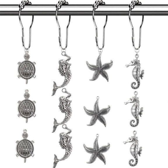 12 PCS Rustproof Stainless Steel Shower Curtain Hooks, Smooth Gliding Decorative Rings, Ocean Marine Themed Bathroom Accessories