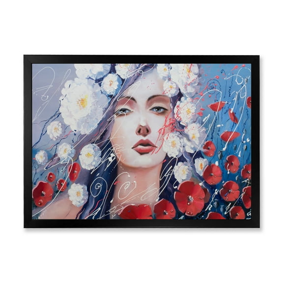 Designart 'Portrait Of A Young Lady With Red & White Flowers' Traditional Framed Art Print