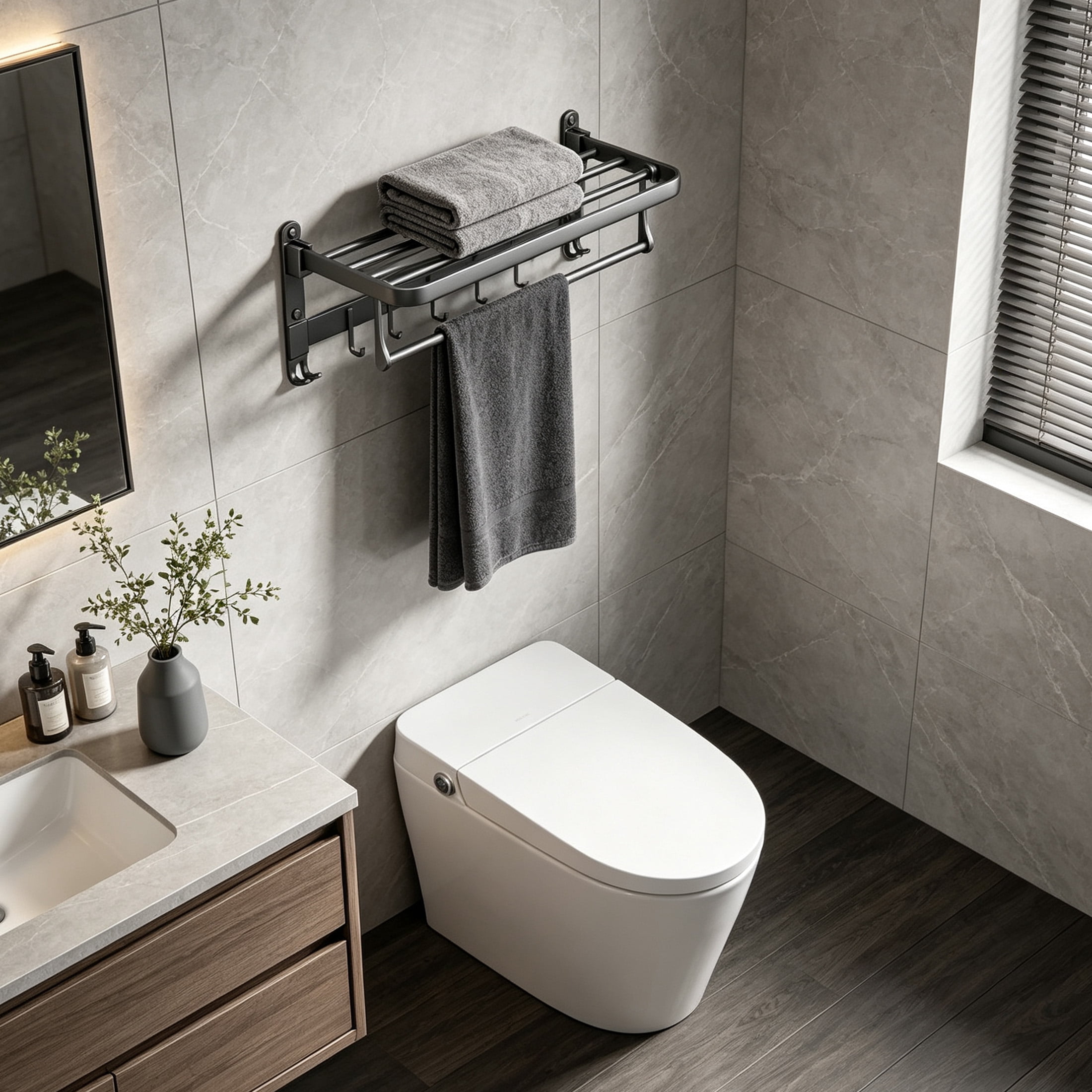 GARITIN Bathroom Towel Rack, 90° Rotatable Aluminum Towel Bar with Shelf & Hooks, Wall Mount Towel Holder for Shower Toilet Hotel