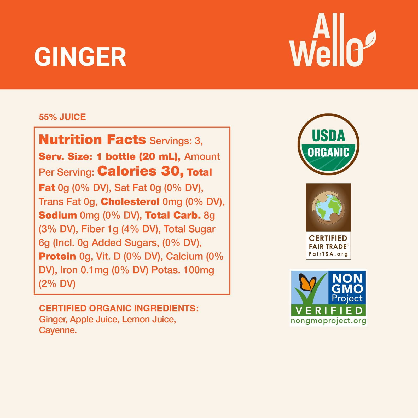 (6 pack) AllWellO Organic, Cold Pressed Ginger Shots, 2 fl oz Glass Bottles, 3 Pack