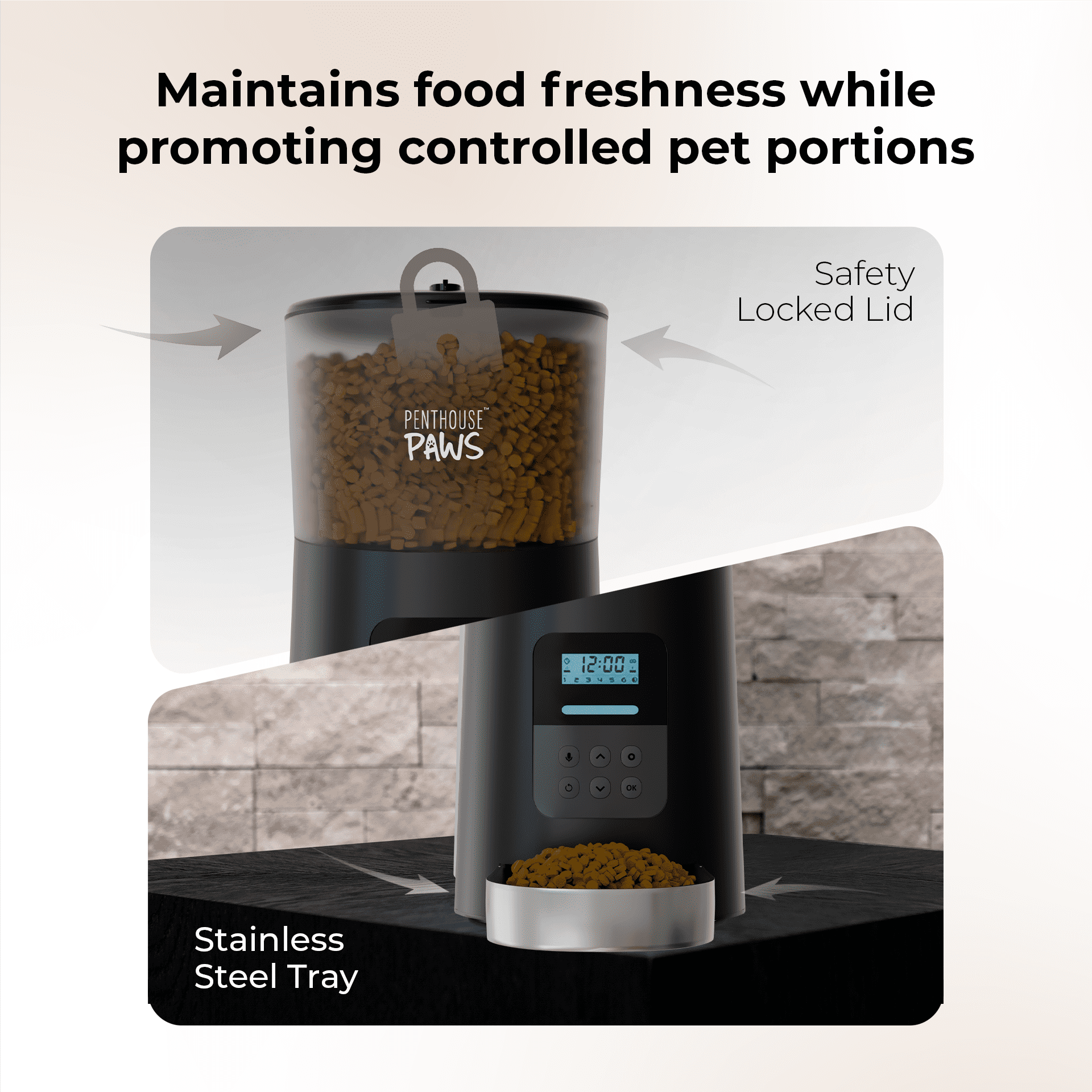 Penthouse Paws Automatic Cat Feeder with LCD, Twist-Lock Storage, Anti-Jam, Voice Meal Call, Battery Backup, Stainless Steel Bowl, Up to 15 Daily Meals, Single Tray 6L for Cat & Dog, Black/ Stainless