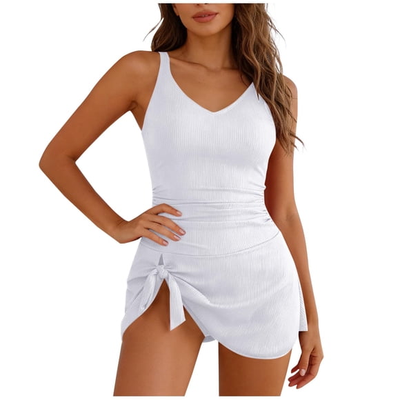 Qholemyo Women's One Piece Swimwear V-Neck Ruched Tie Side Slim Swim Dress with Built-in Brief Solid Trendy Summer Bathing Suits