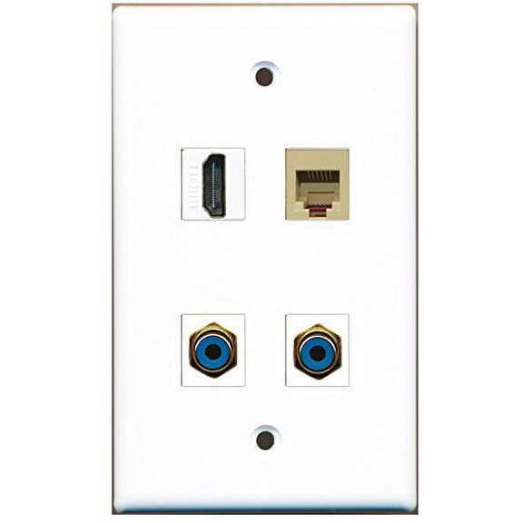 RiteAV - 1 Port HDMI 2 Port RCA Blue 1 Port Phone RJ11 RJ12 Beige Wall Plate