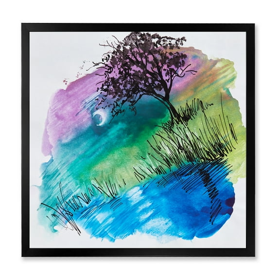 Designart 'Rainbow Silhouette Of Tree On The Riverbank At Night' Modern Framed Art Print