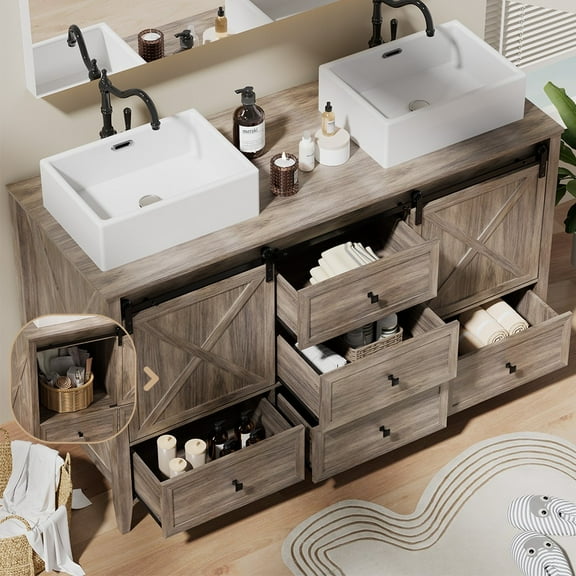 60" Bathroom Vanity with Double Sink Combo Storage Cabinet w/ Doors and Drawer