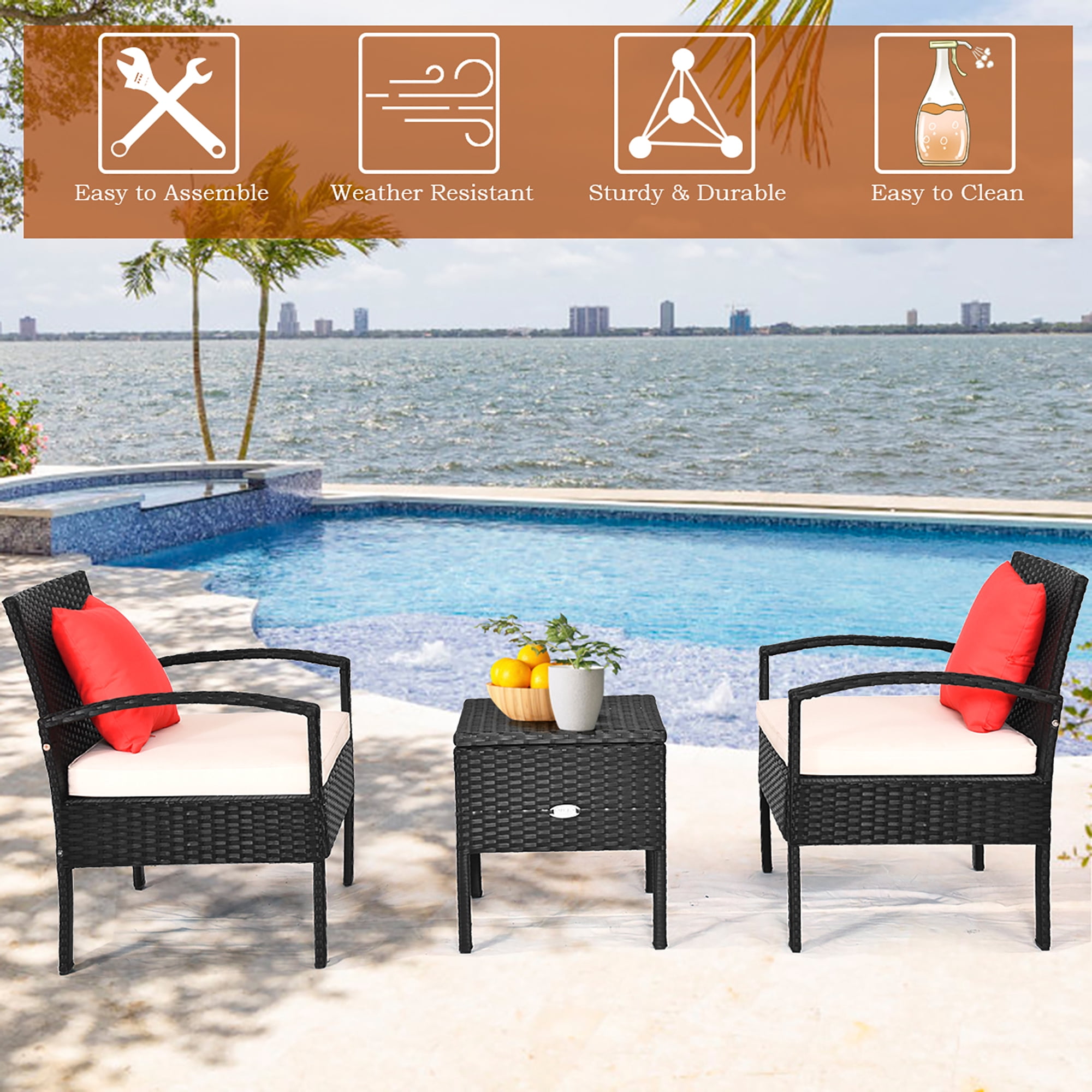 Costway 3PC Outdoor Patio Rattan Furniture Set Storage Coffee Table Cushioned Sofa White
