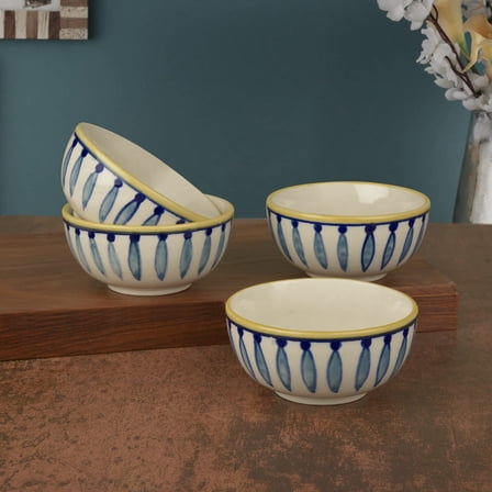 Hand Painted Ceramic Dinner Serving Bowls Set Of 4 - White & Blue, 200ml Each | Salad Bowls | Vegetable & Dessert Serving Bowls | Kitchen Bowl Set