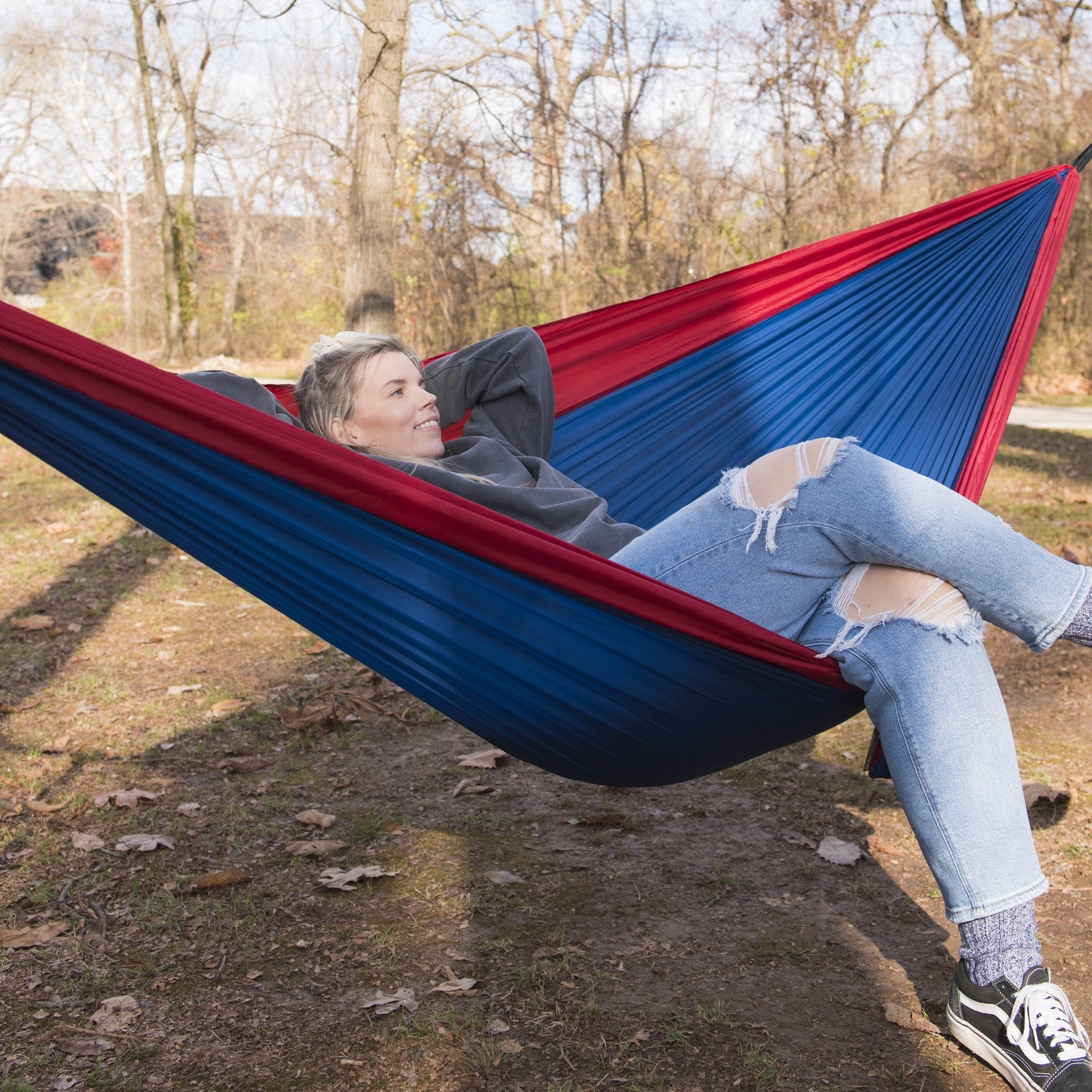 EQUIP  Red and Navy Nylon Tree Hammock,, Open Size 116" L x 59" W