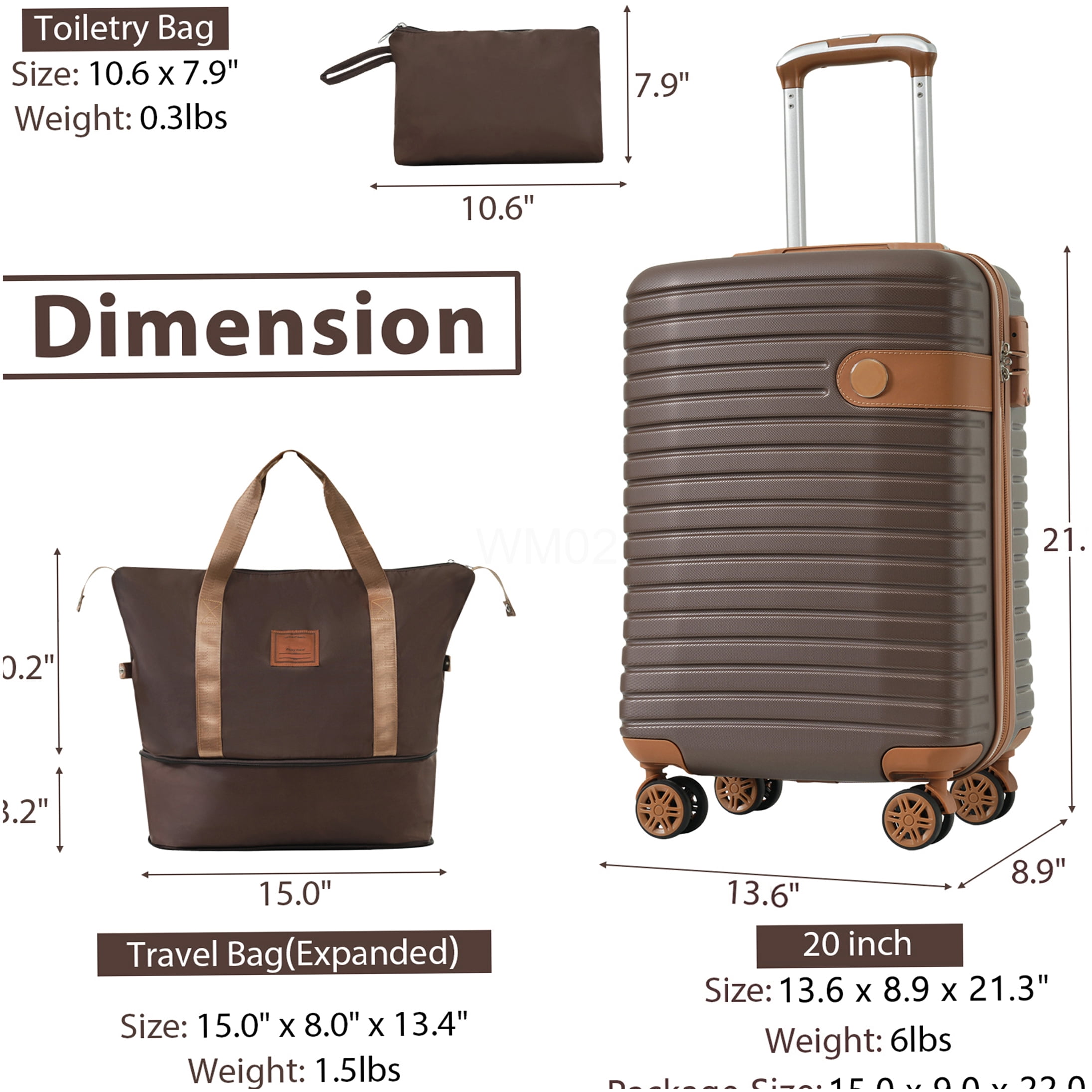 3-Piece Brown ABS Hardshell Luggage Set with Spinner Wheels, TSA Lock & Weekender Bag