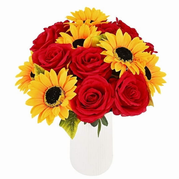 16 Pcs Fake Roses Sunflowers Artificial Flowers for Outdoors, Faux Plants with Long Stems for Home Living Room Office Outdoor Garden Wedding Bouquet Vase Flower Arrangement Decorations
