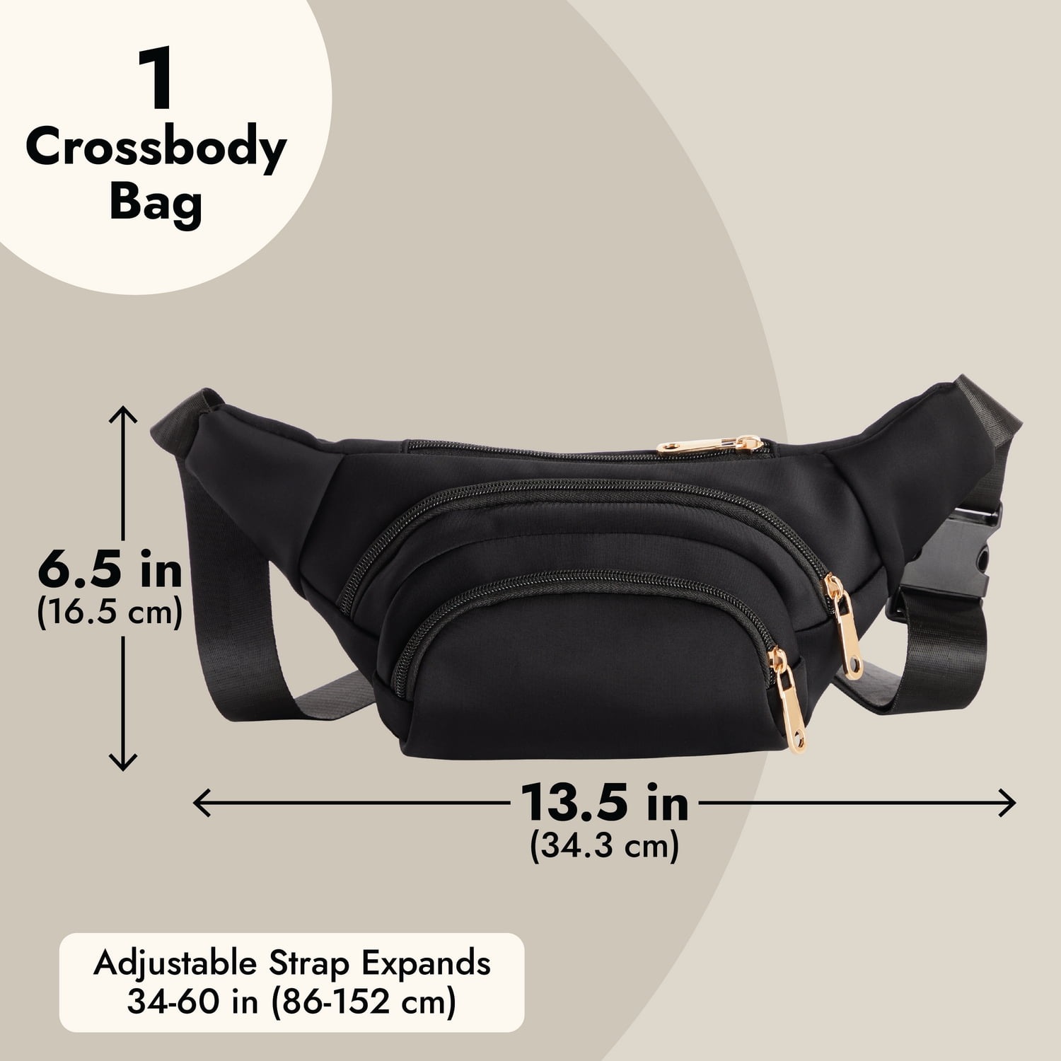 Zodaca Plus Size Black Fanny Pack, Crossbody Bag with