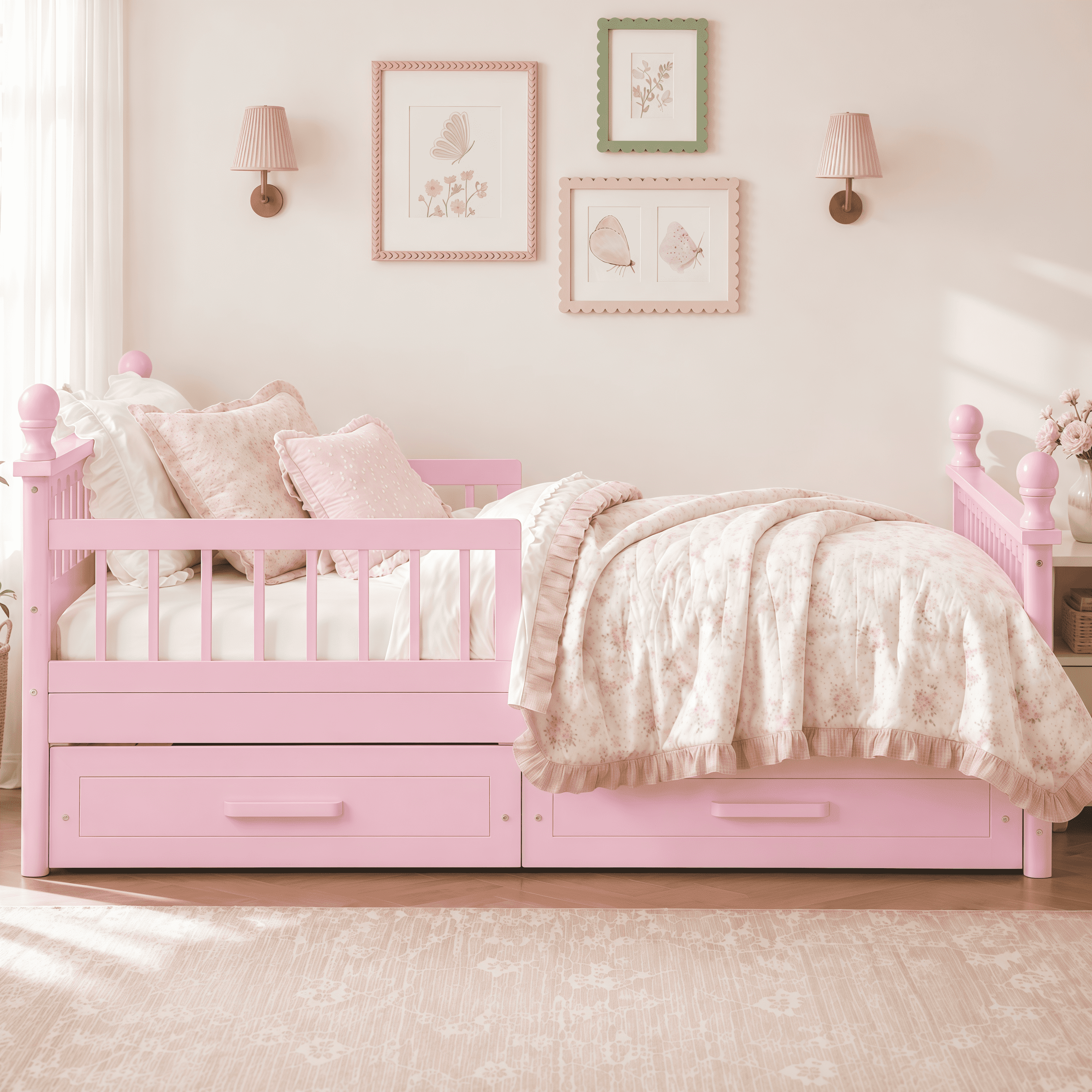 Euroco Wood Full Size Platform Bed with Drawers, Low Profile Kids Bed with Safety Guardrails, No Box Spring Needed, Pink