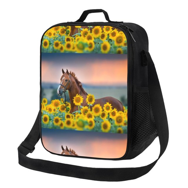 Fotbe Horse Sunflowers Lonchera Bolsa de Almuerzo para Hombres y Mujeres, Lonchera de Gran Capacidad, Bolsa de Almuerzo Reutilizable, Bolsa Térmica Aislante