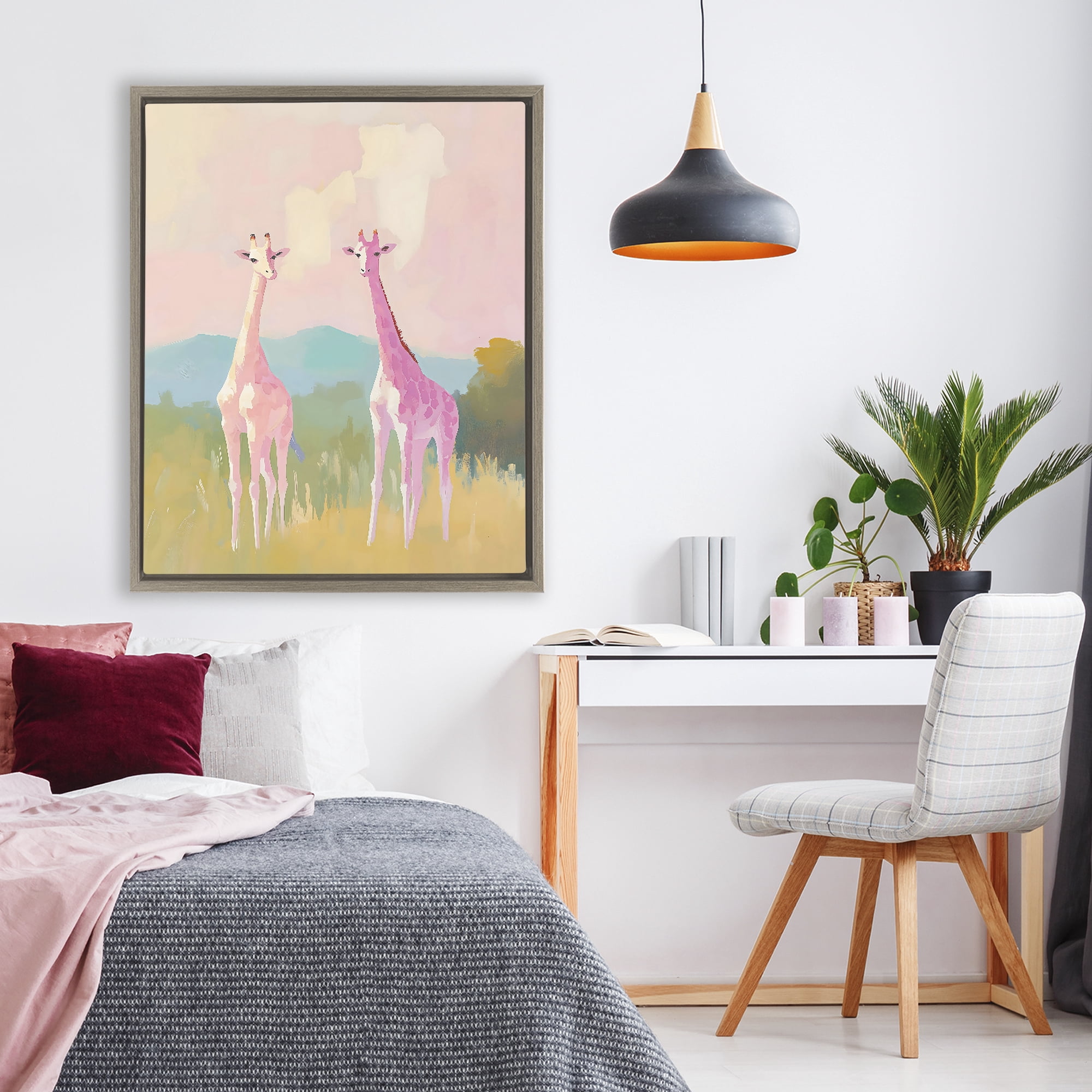 Stupell Industries Pink Giraffes on Savanna Brown Framed Floater Canvas Wall Art, design by The Prints Vibe