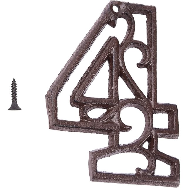 Números de casa de hierro fundido de 4,4 pulgadas, números de dirección de casa decorativos, números de buzón para exterior con tornillos (número 4)