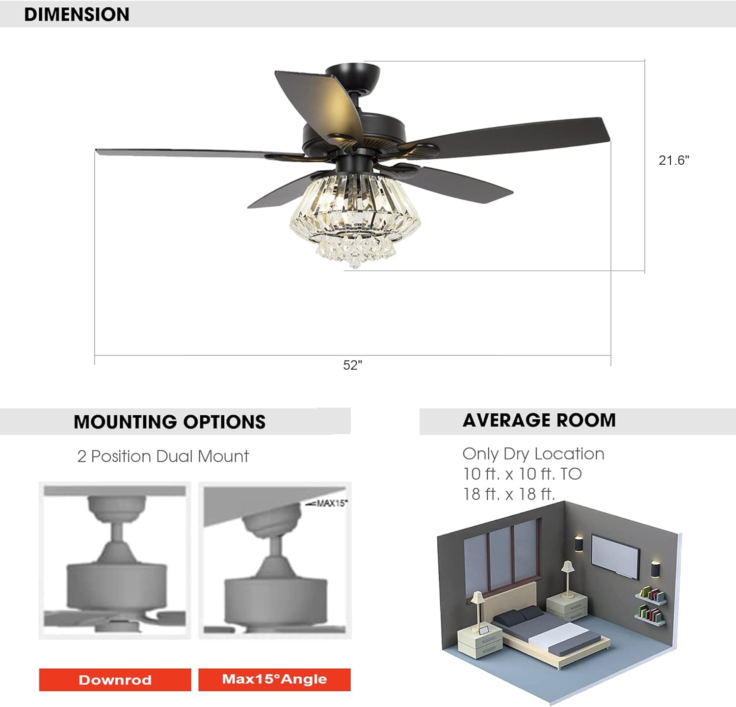 Parrot Uncle Ceiling Fan with Remote Control 52 inch Diamond Crystal Chandelier Fan with Light 5 Reversible Blades Ceiling Fan, 3 Bulbs Not Included, Black