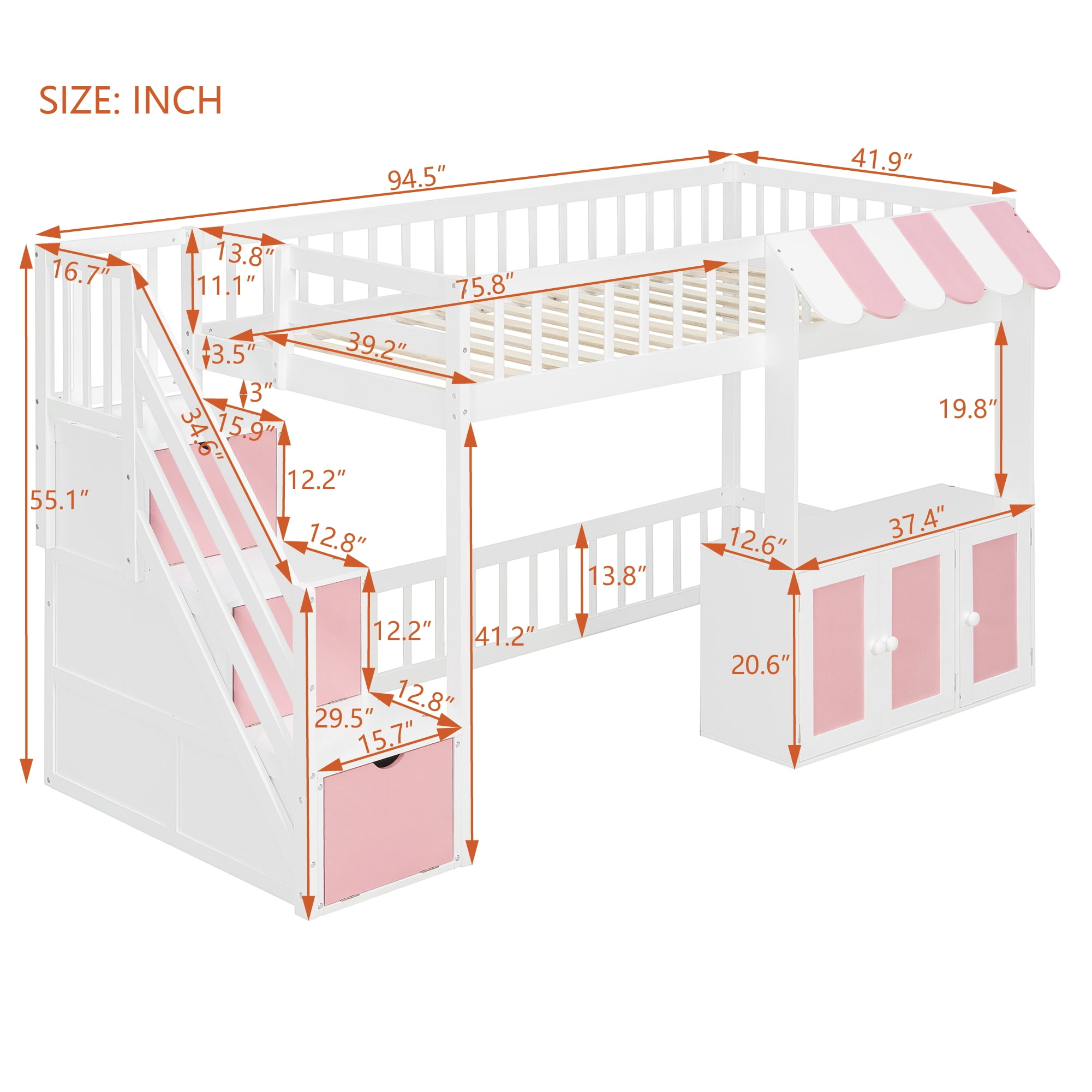 Mintazer Twin Size Loft Bed with Play Storefront & LED Lights, Kids Loft Bed with Guardrail and Storage Staircase & Cabinet for Bedroom, White & Pink