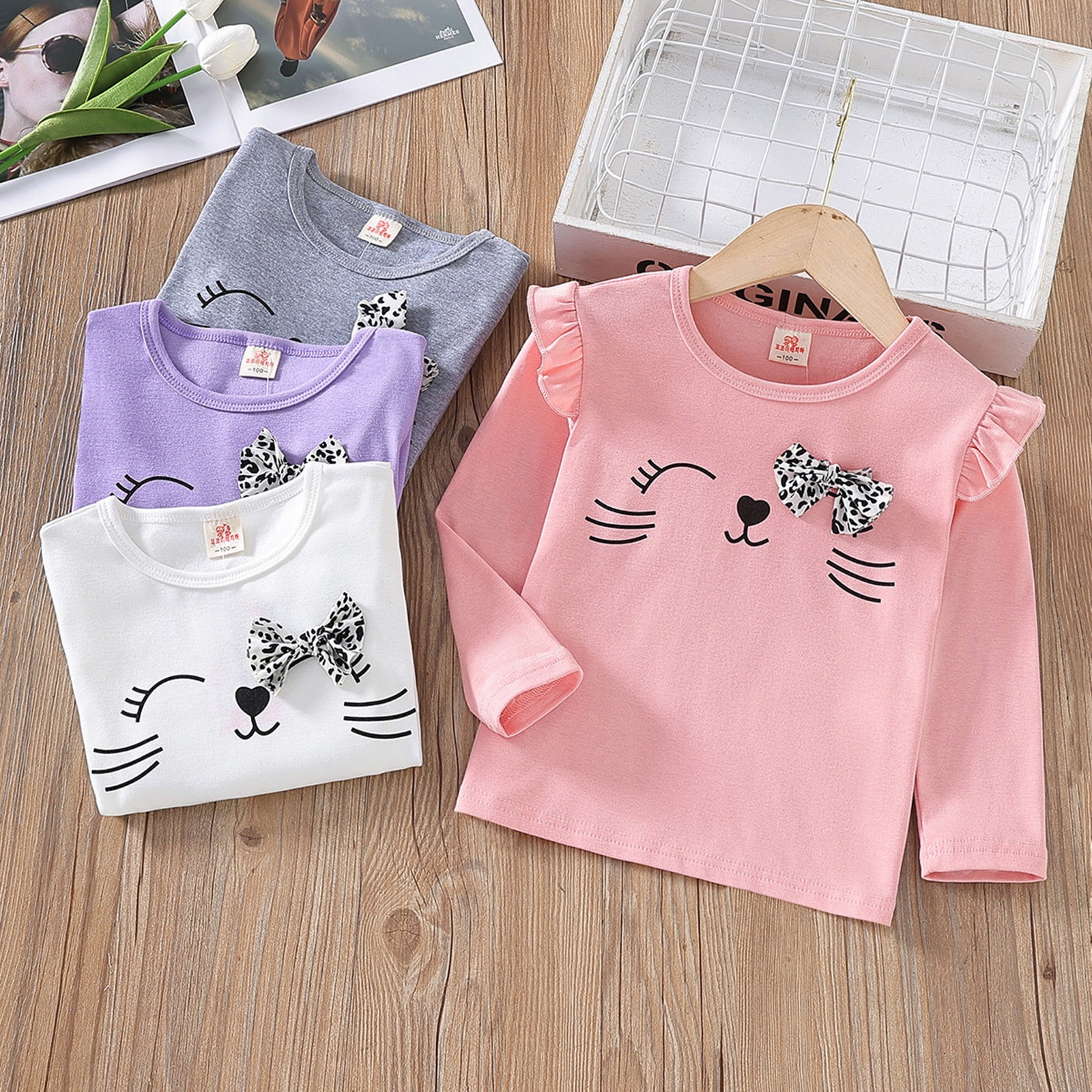 T-shirt Manches Longues Pour Fille 4-5 Ans – Col Rond, Imprimé Basique, Doux En Coton, Gris (2026)