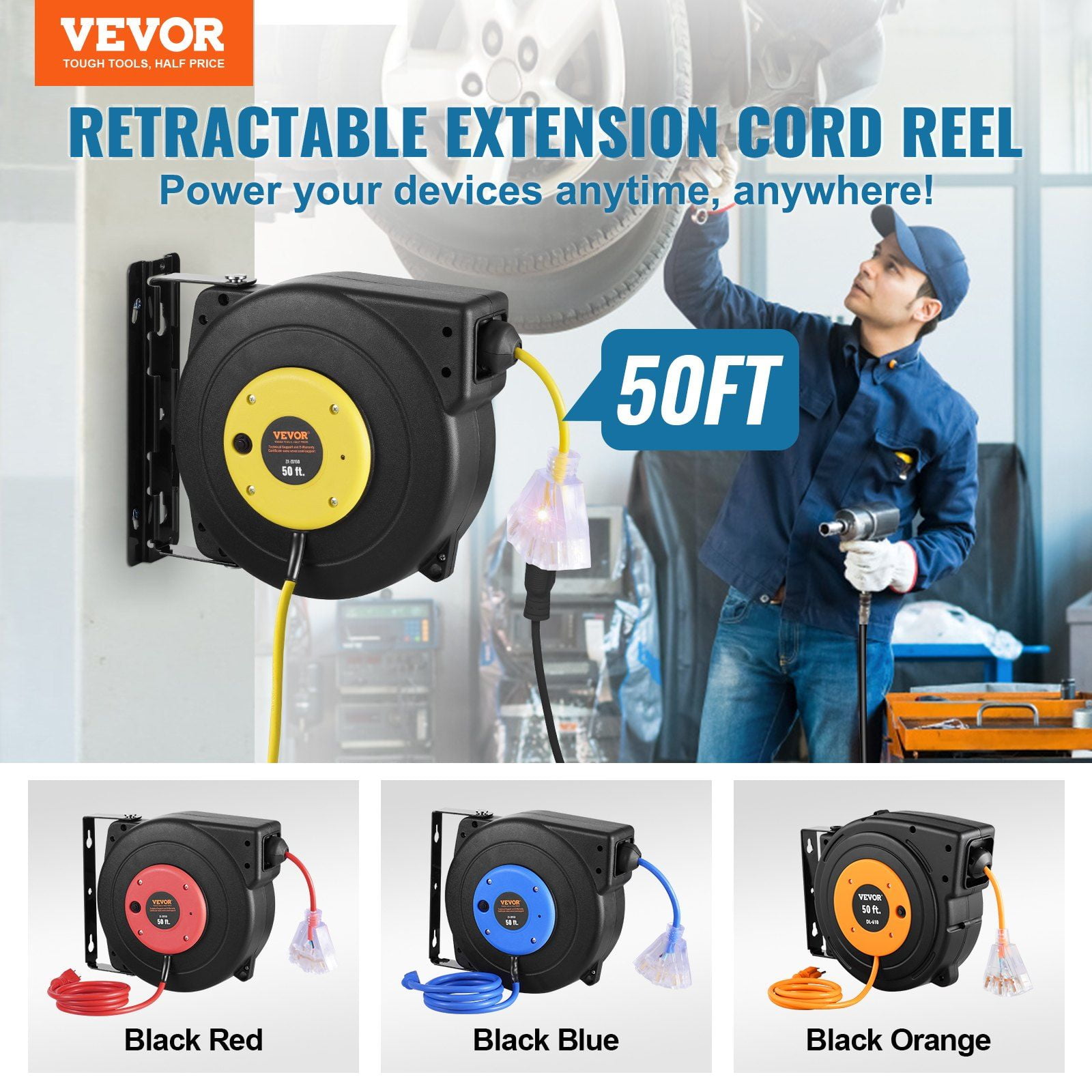 50FT Retractable Extension Cord Reel – 14AWG/3C Heavy Duty Power Cord w/ 3-Outlet Socket – Auto Rewind & Overload Protection (1625W, 13A, 125V)