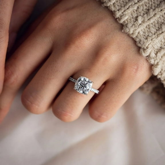 SOLITAIRE JEWELS 2.5CT Cushion Cut Moissanite Diamond Pave Set Engagement Ring for Gift, 10k White Gold Solitaire Ring