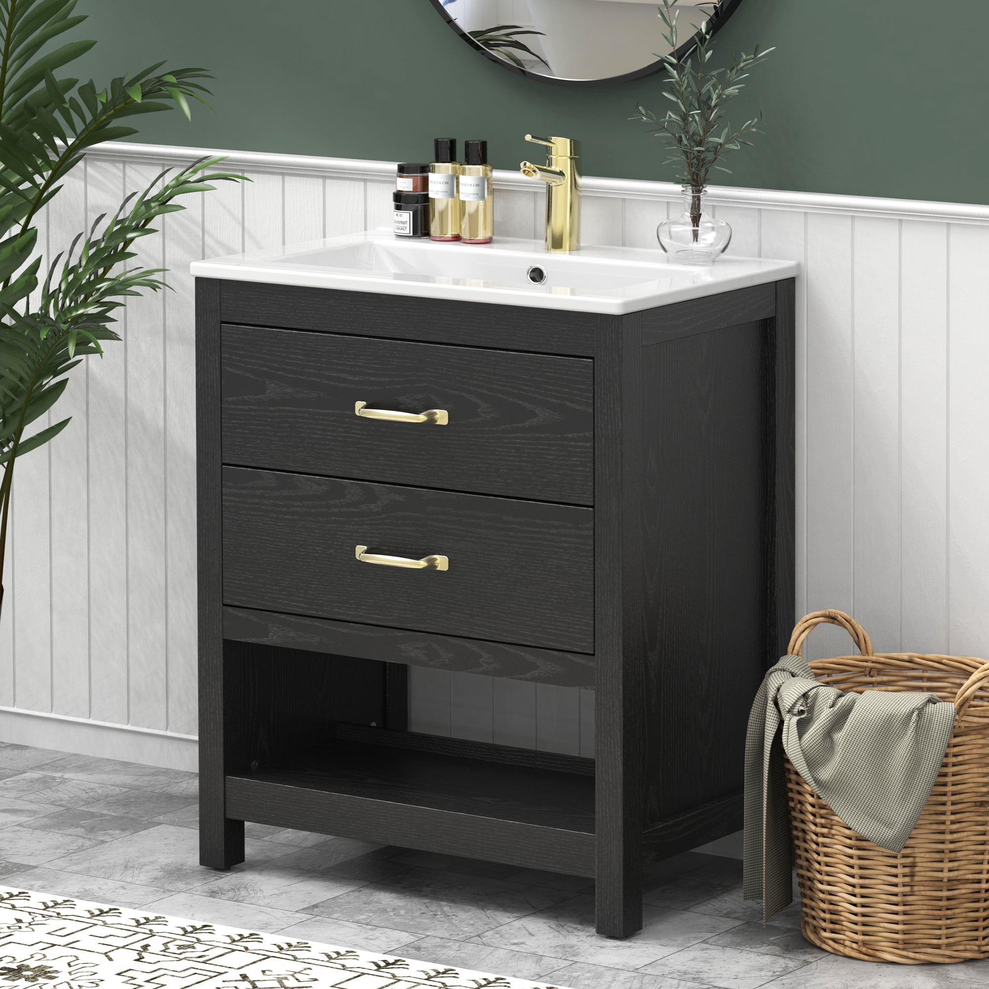 EVOKEDEN 24” Bathroom Vanity with Sink, Modern Bathroom Cabinet Set with LED Light for Small Space, 2 Soft-Close Drawers with Organizer, Black