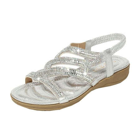 CHOII 50% Clearance Women s Rhinestone Wedge Sandals Women Fashion Large Size Casual Sandals Beach Shoes Women Sandals Platform Thong Sandals Ankle Strap Sandals Comfort Sandals Silver/6.5