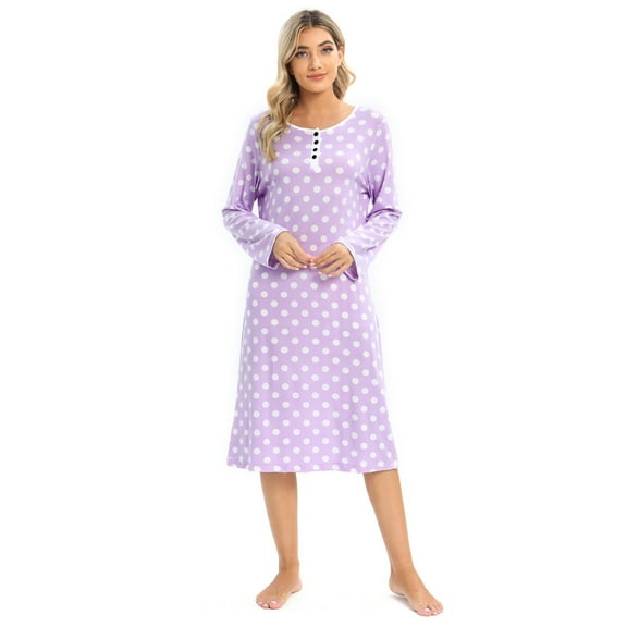 Women's Polka Dot Nightgown Button Long Sleeve Sleepwear Loose Crew Neck Pajama Dress