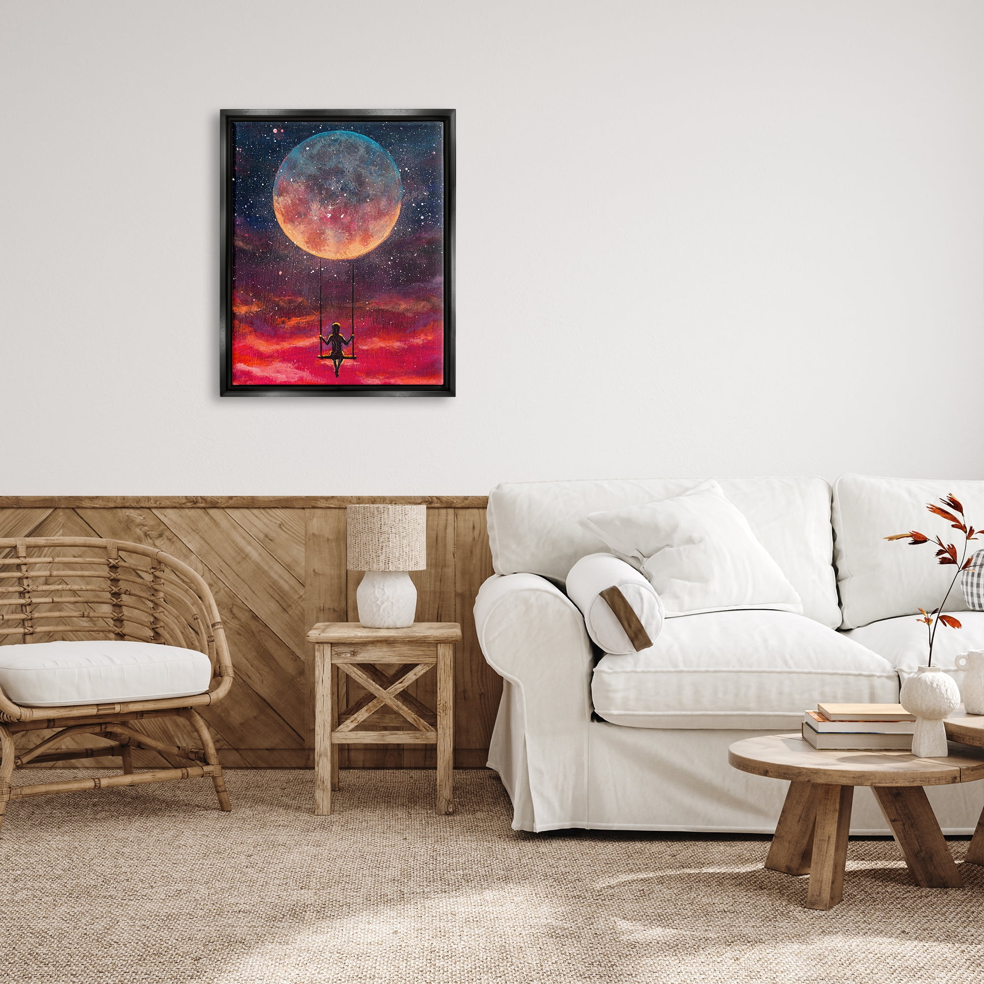 Stupell Industries Person Swinging From Moon Nature Painting Black Floater Framed Art Print Wall Art, 25 x 31