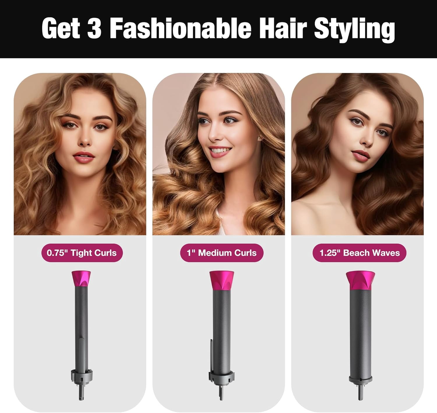 RKXQT3 in 1 Curling Iron Automatic Hair Styling Curler Wand Set with 3 Interchangeable Ceramic Coasting Barrels(0.75'' to 1.25'') Temperature Adjustments Fast Heat-UP 446°F for Long Medium Hair