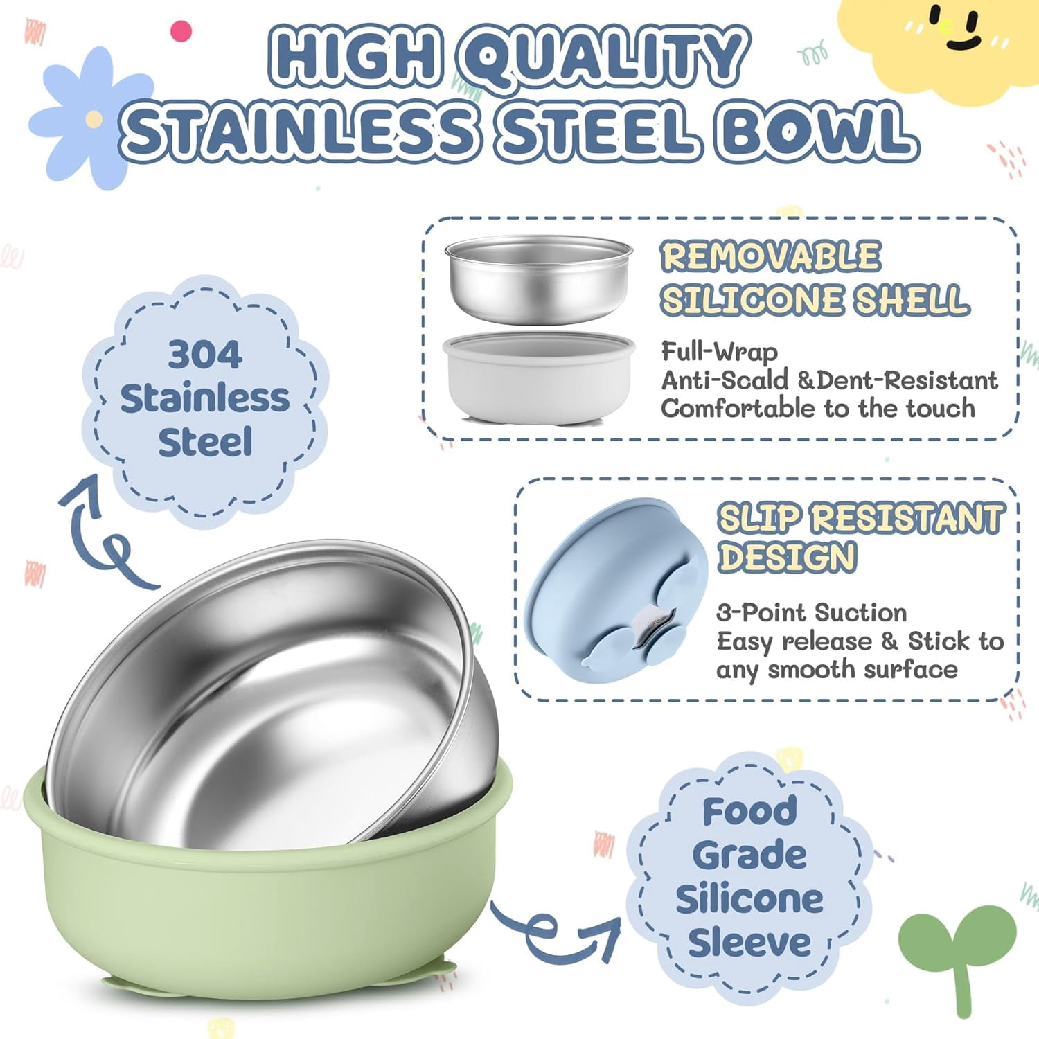 Stainlss Stl Toddlr Bowls and Plats with Suction Bundl, 4-Pack 9" Kids Plats and 4-Pack 5" Baby Bowls, Non-Slip & Unbrakabl, Dishwashr Saf