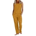 thumbnail image 2 of Favoffer Women Tank Top Pant Sets Crew Neck Sleeveless Vests Wide Leg Long Pants Cotton Linen Side Pocket Two Piece Outfits for Daily Casual Commute, 2 of 6