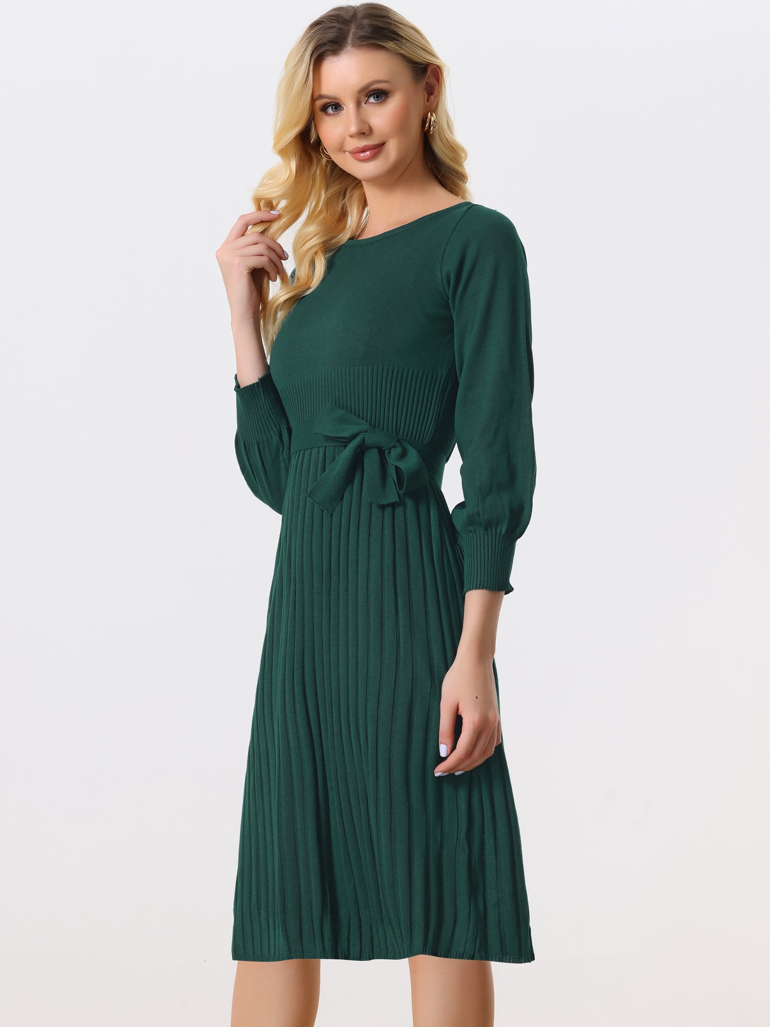 DARING DIVA Knit Belted Crew Neck Lantern Sleeves Pleated Sweater Dresse S Green