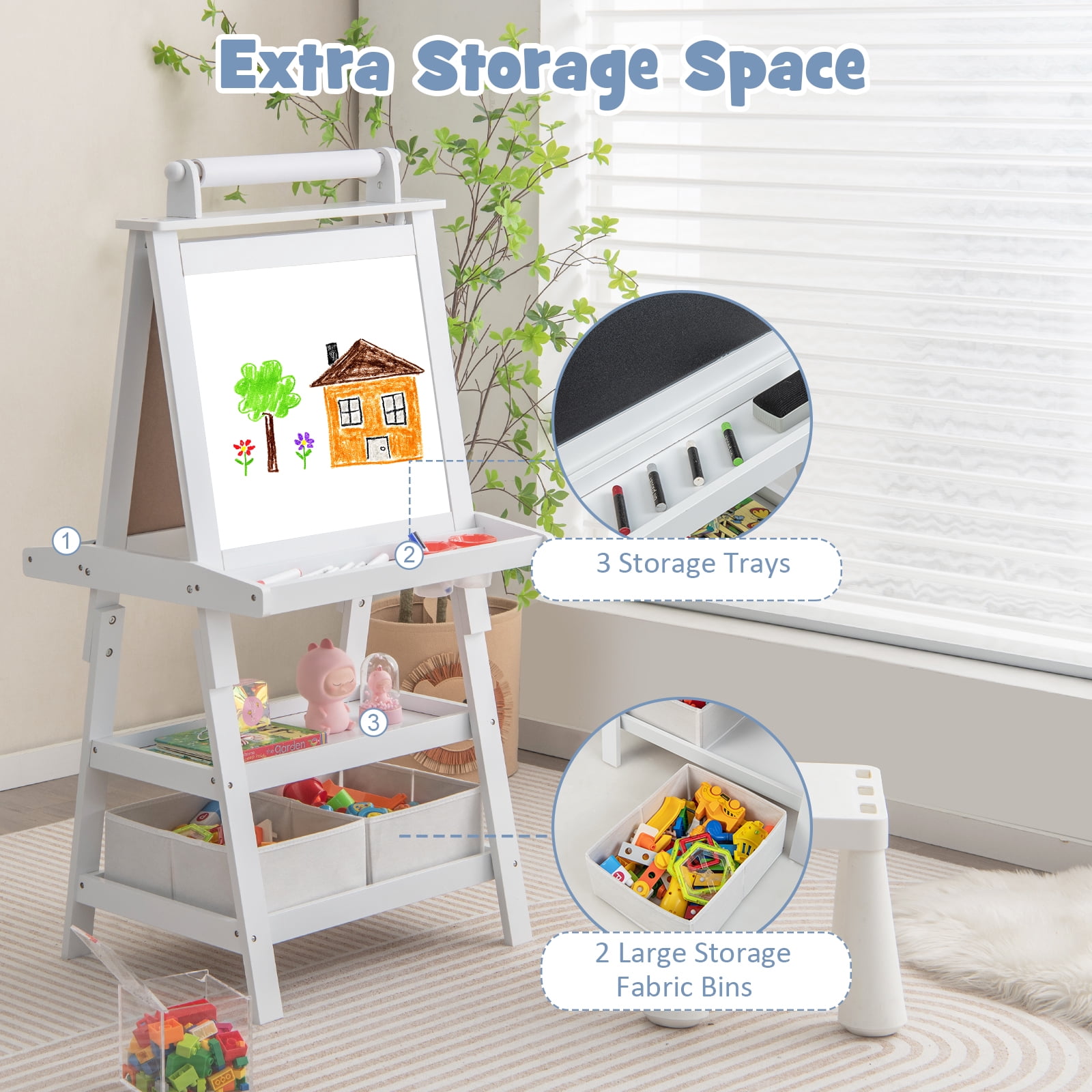 Infans Kids Art Easel Double Sided Chalkboard Magnetic Whiteboard w/ Storage Tray White