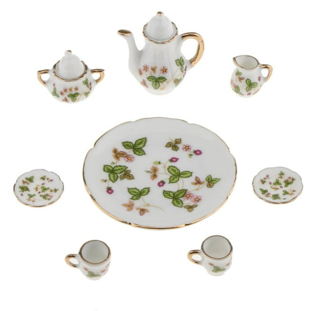 Juego de té, taza, plato y platillo de cerámica floral (8 piezas, escala 1/12) en miniaturas para casas de muñecas.