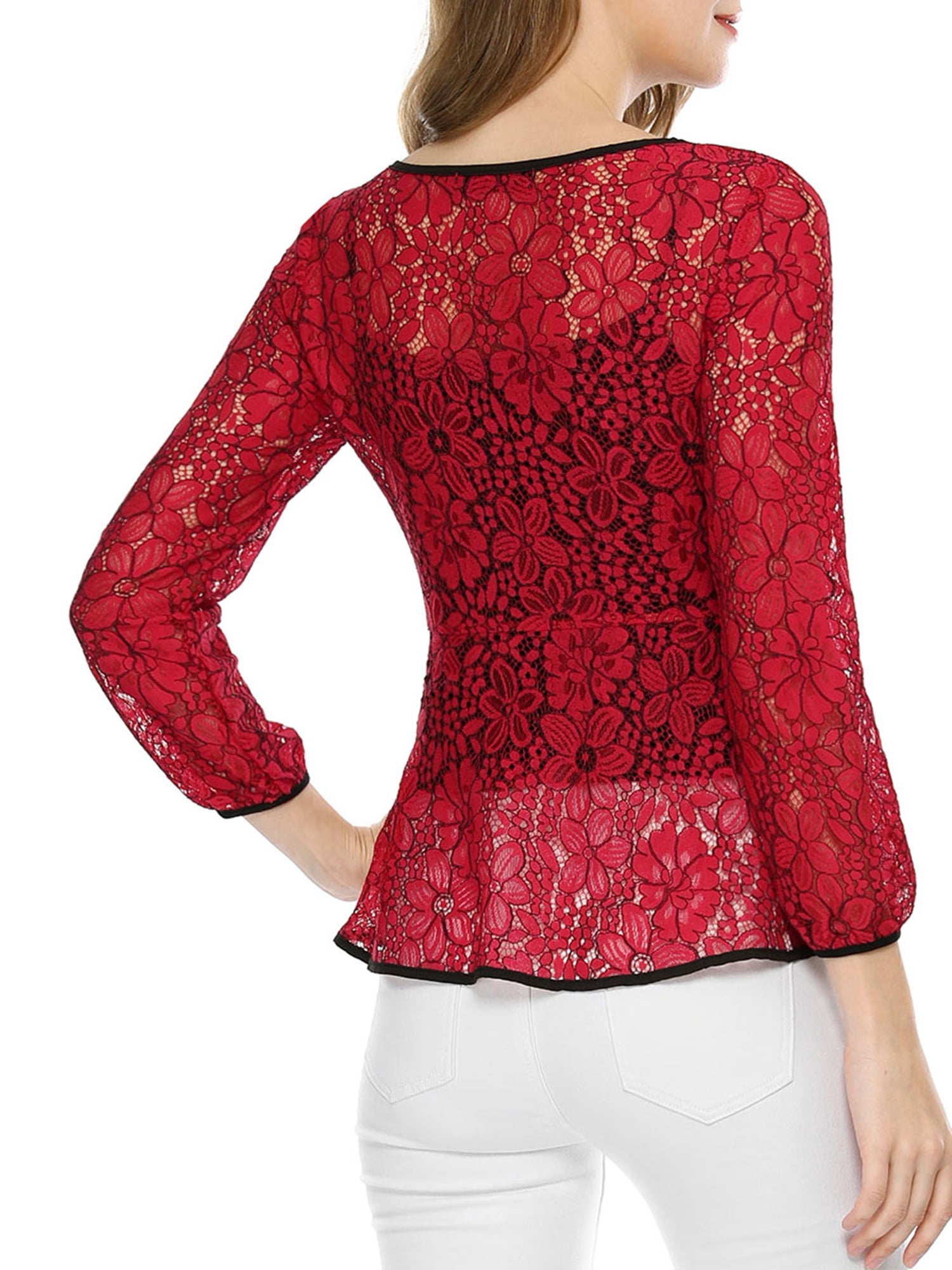 DARING DIVA Self-Tie Waist Semi Sheer Peplum Top M Red