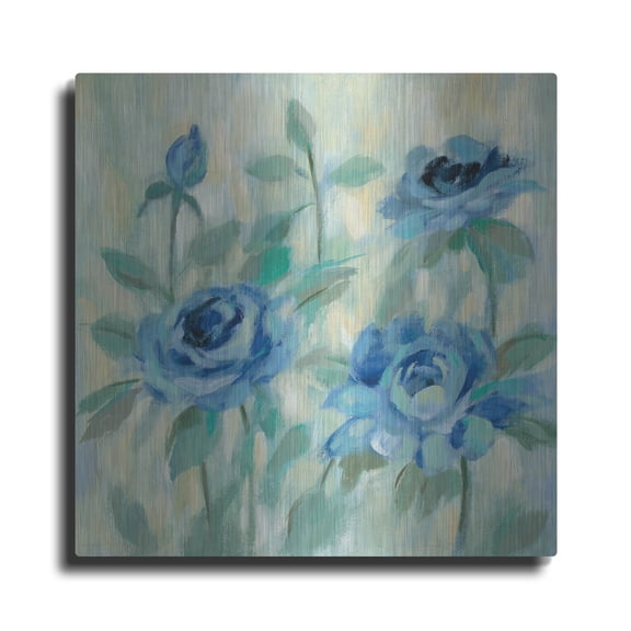 Luxe Metal Art 'Brushy Blue Flowers II' by Silvia Vassileva, Metal Wall Art, 24" x 24"