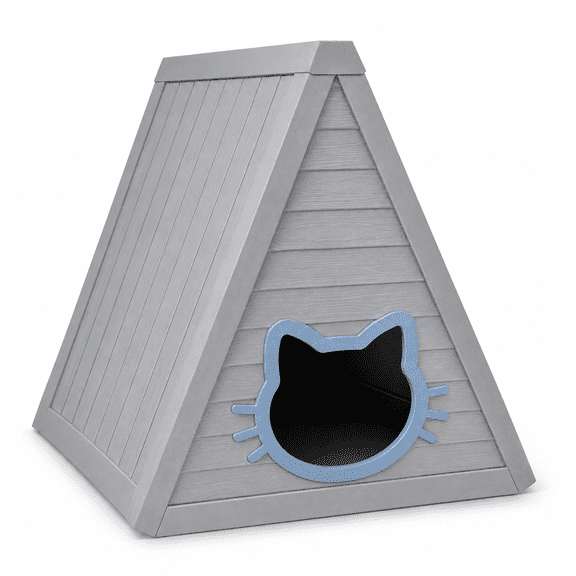 MINDYES Cat House, Indoor Outdoor Pet Shelter with Weatherproof Roof & Cat-shaped Door for All Small Pets, Gray