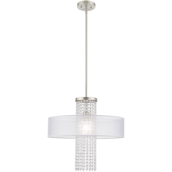 1 Light Brushed Nickel Pendant Chandelier with Clear Crystals/ Hand Crafted Translucent Fabric Shade
