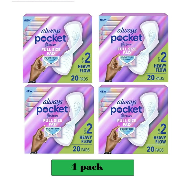 4 pack Always Pocket Feminine Pads with FlexFoam, Size 2, Heavy Flow, with Wings, Unscented, 40 Count