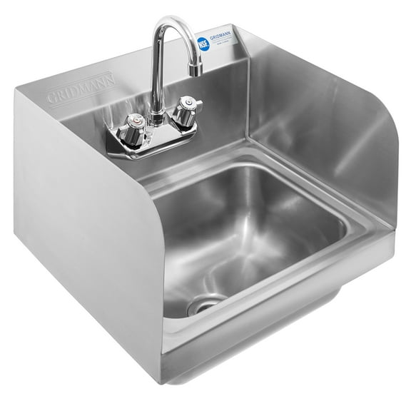 GRIDMANN Commercial NSF Stainless Steel Hand Washing Sink w/ Side Splashes & Faucet, Wall Mount