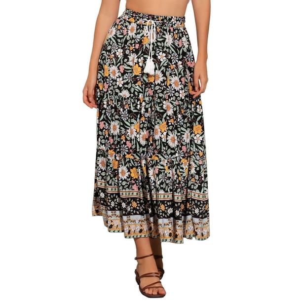 Falda Boho Chic INSPIRE para mujeres, faldas maxi casuales con cintura elástica y borlas, S Negro