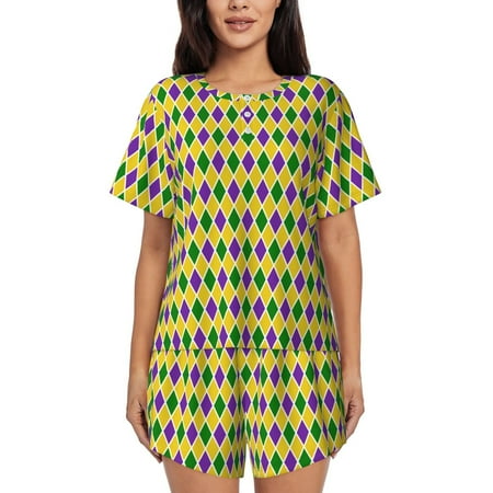 Junzan Mardi Gras Purple Yellow Plaid for Short-Sleeved Pajama Set for Women 2 Piece Short Sleeve Crew Neck Sleepwear Set Summer Pajamas Set Lounge Sets 2-Piece Pj-4X-Large